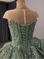 Green Scoop Neck Sequins Beading Cap Sleeve Prom Dress