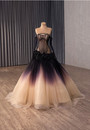 Gradient Black Tulle Long Sleeve Flower Prom Dress