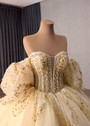 Yellow Tulle Sequins Puff Sleeve Prom Dress