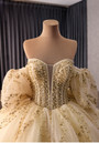 Yellow Tulle Sequins Puff Sleeve Prom Dress