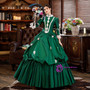Green Satin Long Sleeve Appliques Rococo Vintage Dress