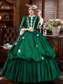 Green Satin Long Sleeve Appliques Rococo Vintage Dress