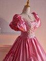 Pink Satin Short Sleeve Appliques Beading Quinceanera Dress