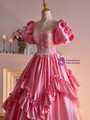 Pink Satin Short Sleeve Appliques Beading Quinceanera Dress