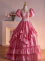 Pink Satin Short Sleeve Appliques Beading Quinceanera Dress