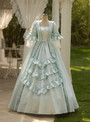 Blue Short Sleeve Pleats Vintage Gown Dress
