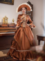 Brown Satin Long Sleeve Lace Vintage Dress