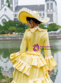 Yellow Satin Long Sleeve Lace Vintage Victorian Dress