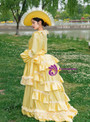 Yellow Satin Long Sleeve Lace Vintage Victorian Dress