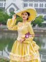 Yellow Satin Long Sleeve Lace Vintage Victorian Dress