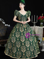 Green V-neck Puff Sleeve Vintage Dress