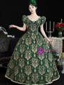 Green V-neck Puff Sleeve Vintage Dress
