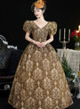 Gold Lace V-neck Puff Sleeve Baroque Vintage Gown Dress
