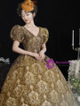 Gold Lace V-neck Puff Sleeve Baroque Vintage Gown Dress