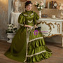 Green Satin Long Sleeve Lace Bow Vintage Dress