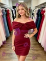 Burgundy Sheath Off the Shoulder Mini Homecoming Dress