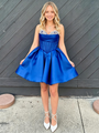 Royal Blue Satin Strapless Beading Homecoming Dress