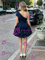 Navy Blue One Shoulder Flower Homecoming Dress