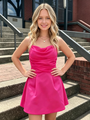 Hot Pink Satin Spaghetti Straps Pleats Homecoming Dress