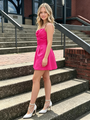 Hot Pink Satin Spaghetti Straps Pleats Homecoming Dress