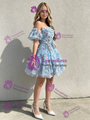 Blue Tulle Print Off the Shoulder Homecoming Dress