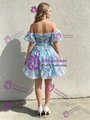 Blue Tulle Print Off the Shoulder Homecoming Dress