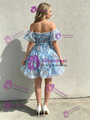 Blue Tulle Print Off the Shoulder Homecoming Dress
