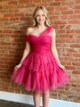 Fuchsia Tulle One Shoulder Pleats Homecoming Dress