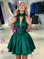 Green Satin Halter Pleats Homecoming Dress