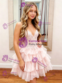 Pink Tulle Spaghetti Straps Appliques Homecoming Dress