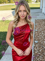 Red Satin Seuqins One Shoulder Homecoming Dress