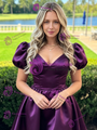 Purple Satin V-neck Puff Sleeve Homecoming Dress