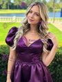 Purple Satin V-neck Puff Sleeve Homecoming Dress