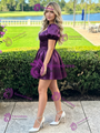 Purple Satin V-neck Puff Sleeve Homecoming Dress