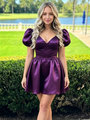 Purple Satin V-neck Puff Sleeve Homecoming Dress