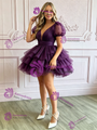 Purple Tulle V-neck Puff Sleeve Homecoming Dress