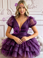 Purple Tulle V-neck Puff Sleeve Homecoming Dress