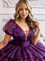 Purple Tulle V-neck Puff Sleeve Homecoming Dress