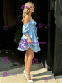 Blue Satin Short Sleeve Bow Homecoming Dress