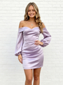 Purple Satin Long Sleeve Off the Shoulder Homecoming Dress