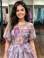 Purple Tulle Short Sleeve Print Homecoming Dress