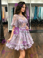 Purple Tulle Short Sleeve Print Homecoming Dress