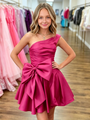 Fuchsia Satin One Shoulder Bow Pleats Homecoming Dress