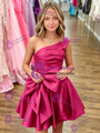 Fuchsia Satin One Shoulder Bow Pleats Homecoming Dress