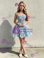 Blue Tule Spaghetti Sraps Print Homecoming Dress