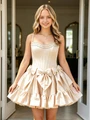 Champagne Satin Spaghetti Straps Bow Homecoming Dress