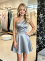 Gray Satin One Shoulder Pleats Homecoming Dress