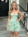 Green Tulle Sequins Tiers Homecoming Dress