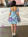 Blue Print Tulle Puff Sleeve Homecoming Dress