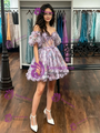Purple Tulle Puff Sleeve Print Homecoming Dress